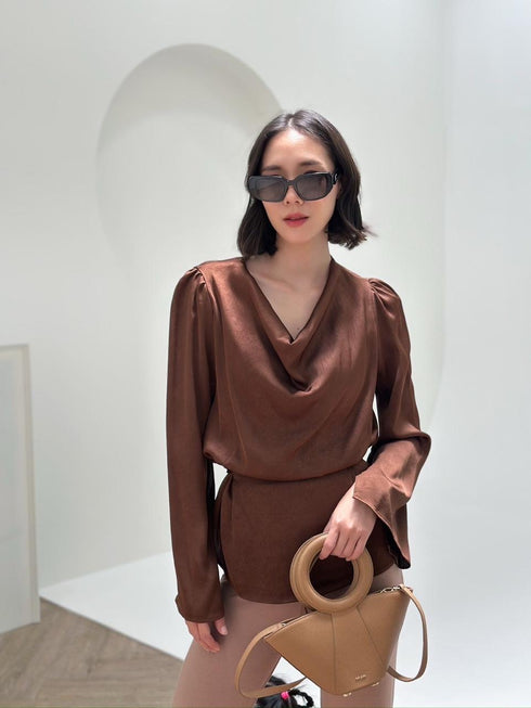 Premium Satin Cowl Neck Waist Tie Trumpet Sleeves Tops